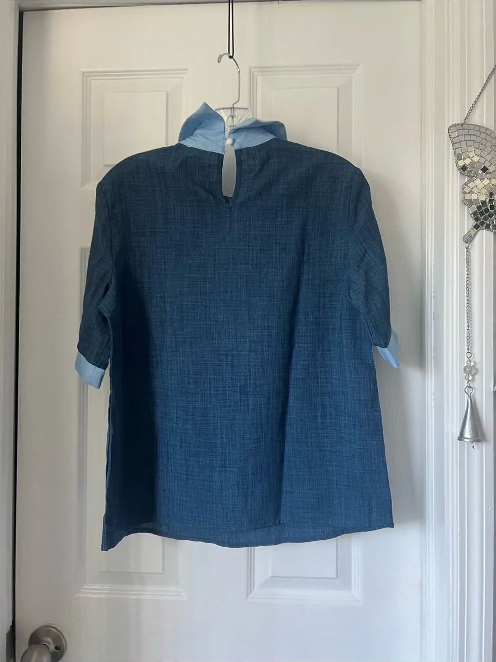 Two-Tone Blue Short-Sleeve Blouse - Picture 2 of 6